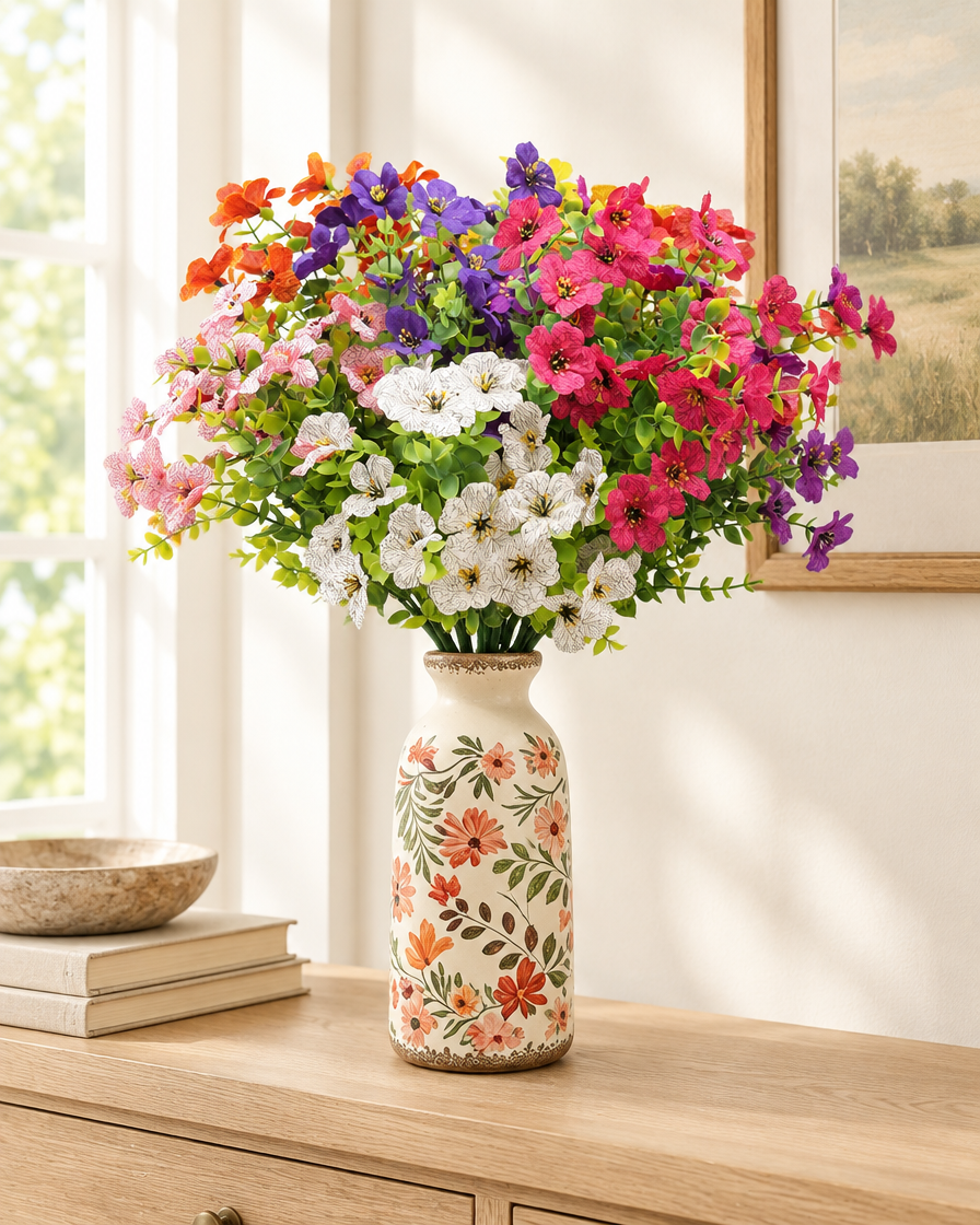 Colourful Artificial Wildflower Bouquet styled in a ceramic vase on a console table (vase sold separately)