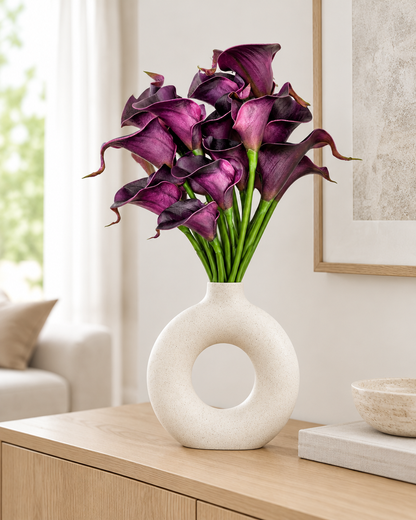 Dark Purple Artificial Calla Lily Bouquet styled in a ceramic vase on a console table (vase sold separately)