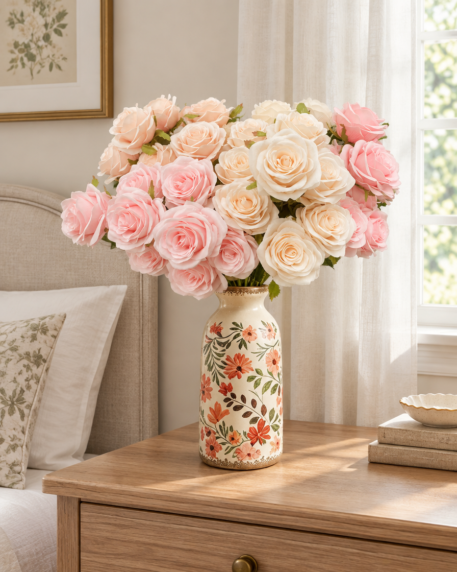 Pink & Champagne Artificial Rose Bouquet styled in a ceramic vase on a dresser (vase sold separately)