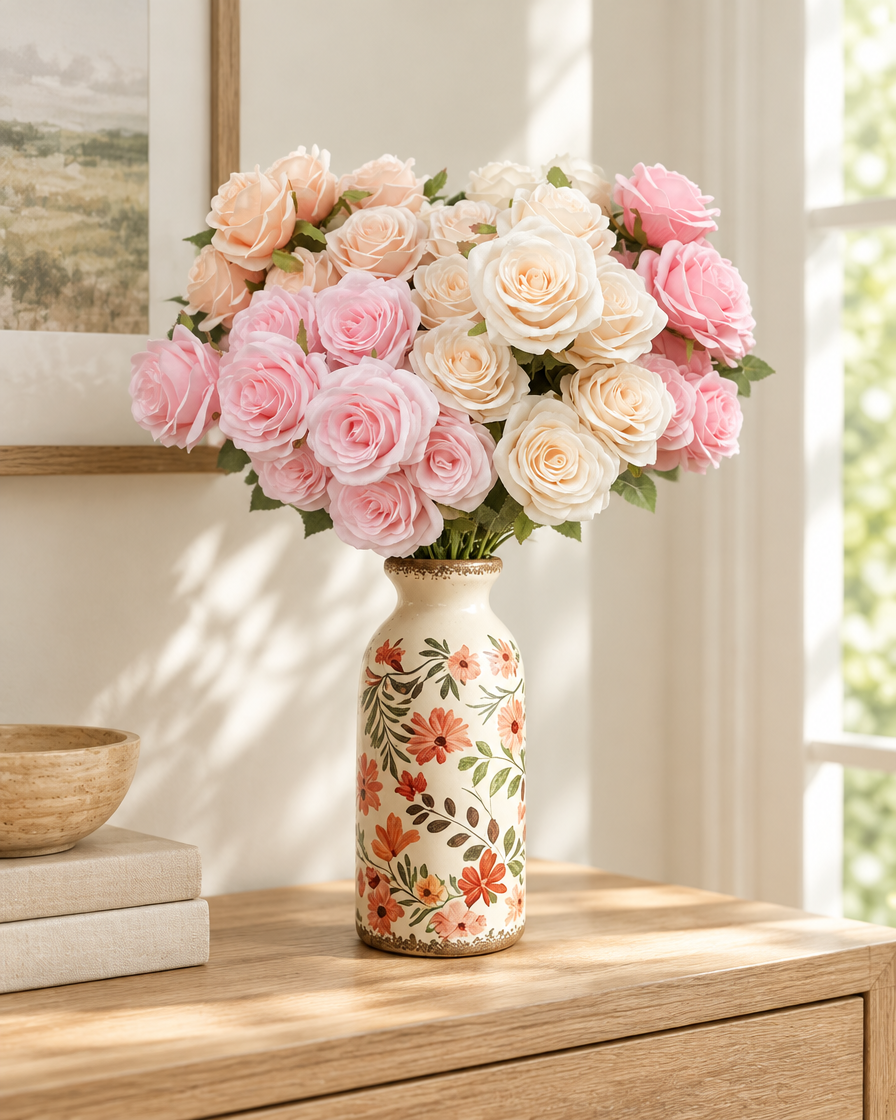 Pink & Champagne Artificial Rose Bouquet styled in a ceramic vase on a console table (vase sold separately)