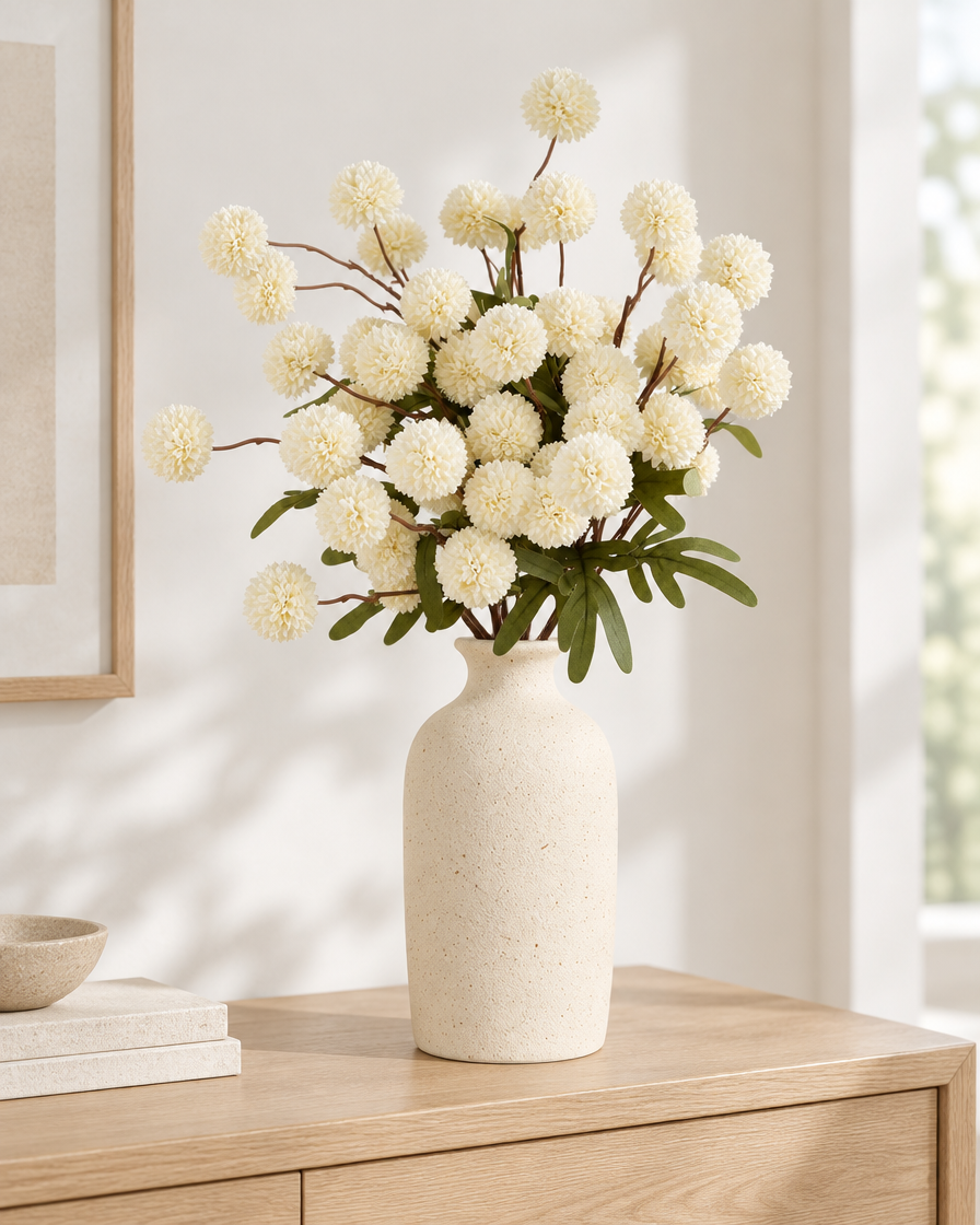 White Artificial Pom-Pom Flower Stems styled in a ceramic vase on a console table (vase sold separately)