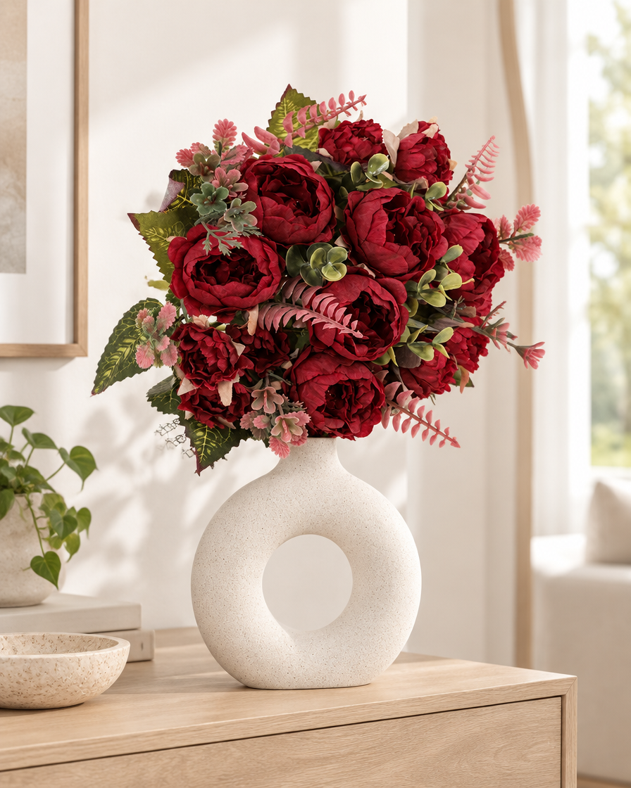 Burgundy Artificial Peony Bouquet styled in a ceramic vase on a console table (vase sold separately)