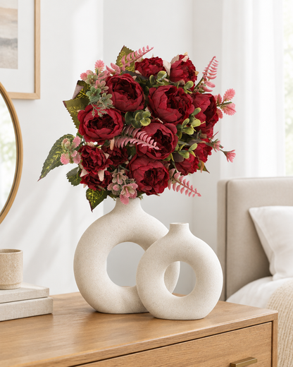Burgundy Artificial Peony Bouquet styled in a ceramic vase on a dresser (vase sold separately)