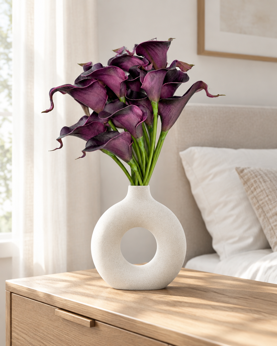 Dark Purple Artificial Calla Lily Bouquet styled in a ceramic vase on a dresser (vase sold separately)