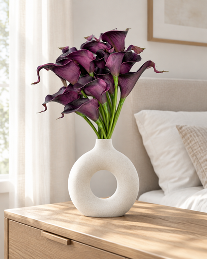 Dark Purple Artificial Calla Lily Bouquet styled in a ceramic vase on a dresser (vase sold separately)