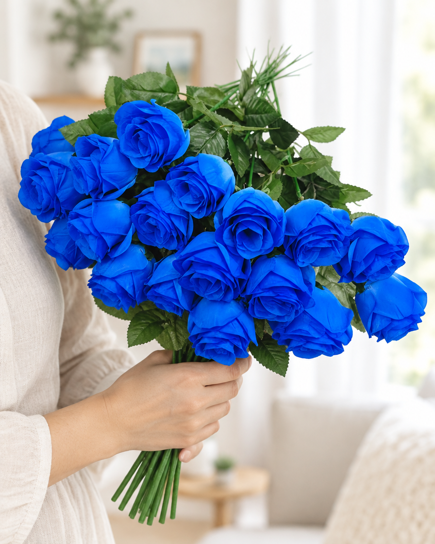 Royal Blue Artificial Rose Bouquet held in a hand