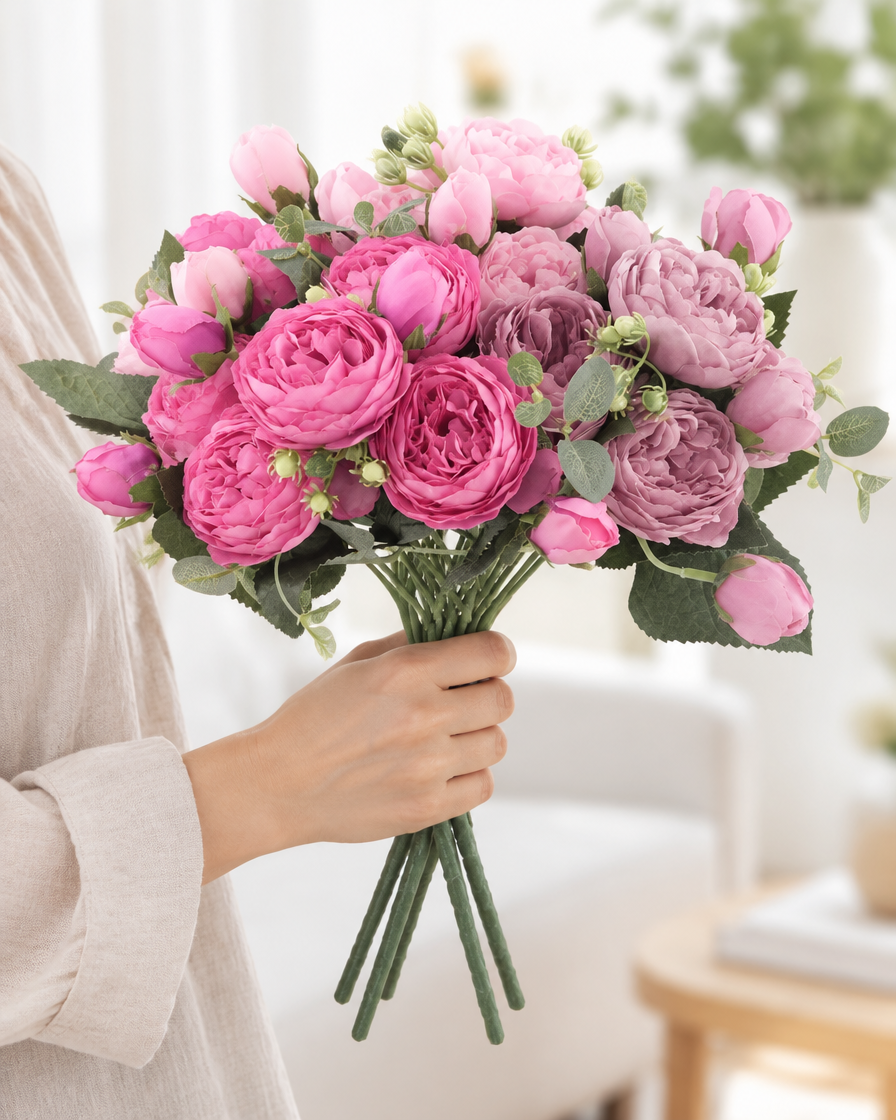 Pink Artificial Peony Bouquet held in a hand