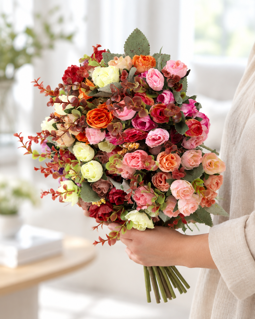 Mixed Red & Orange Artificial Rose Bouquet with Stems held in a hand