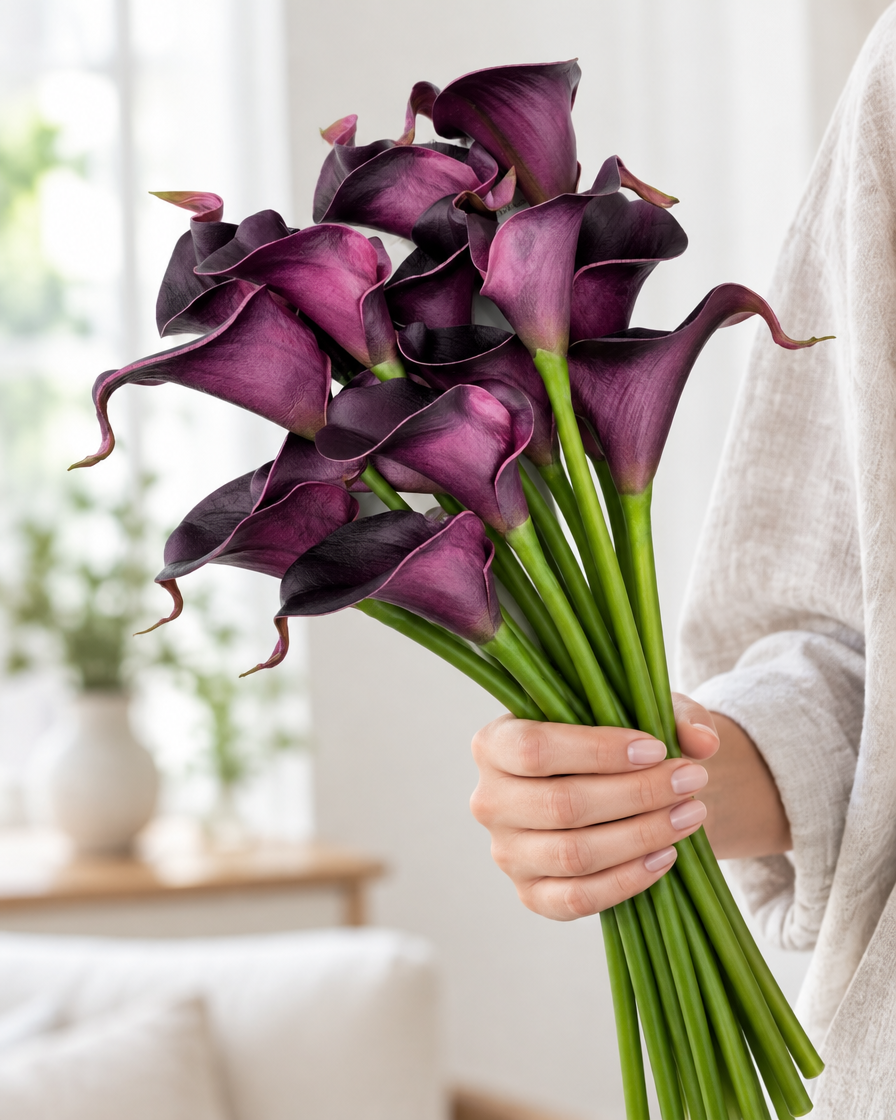Dark Purple Artificial Calla Lily Bouquet held in a hand