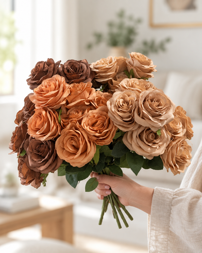 Caramel Brown Artificial Rose Bouquet held in a hand