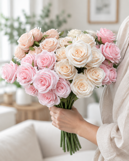 Pink & Champagne Artificial Rose Bouquet held in a hand