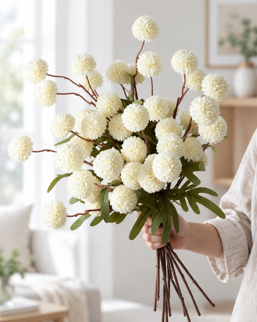 White Artificial Pom-Pom Flower Stems held in a hand