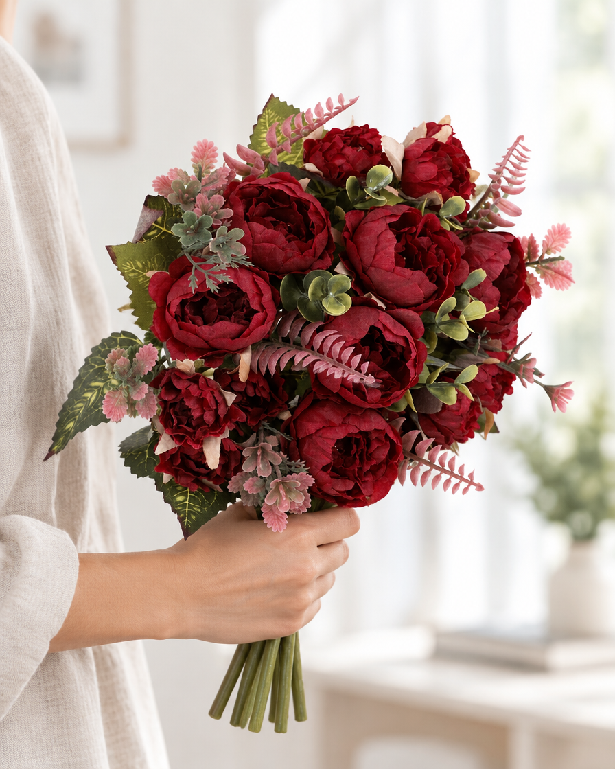 Burgundy Artificial Peony Bouquet held in a hand
