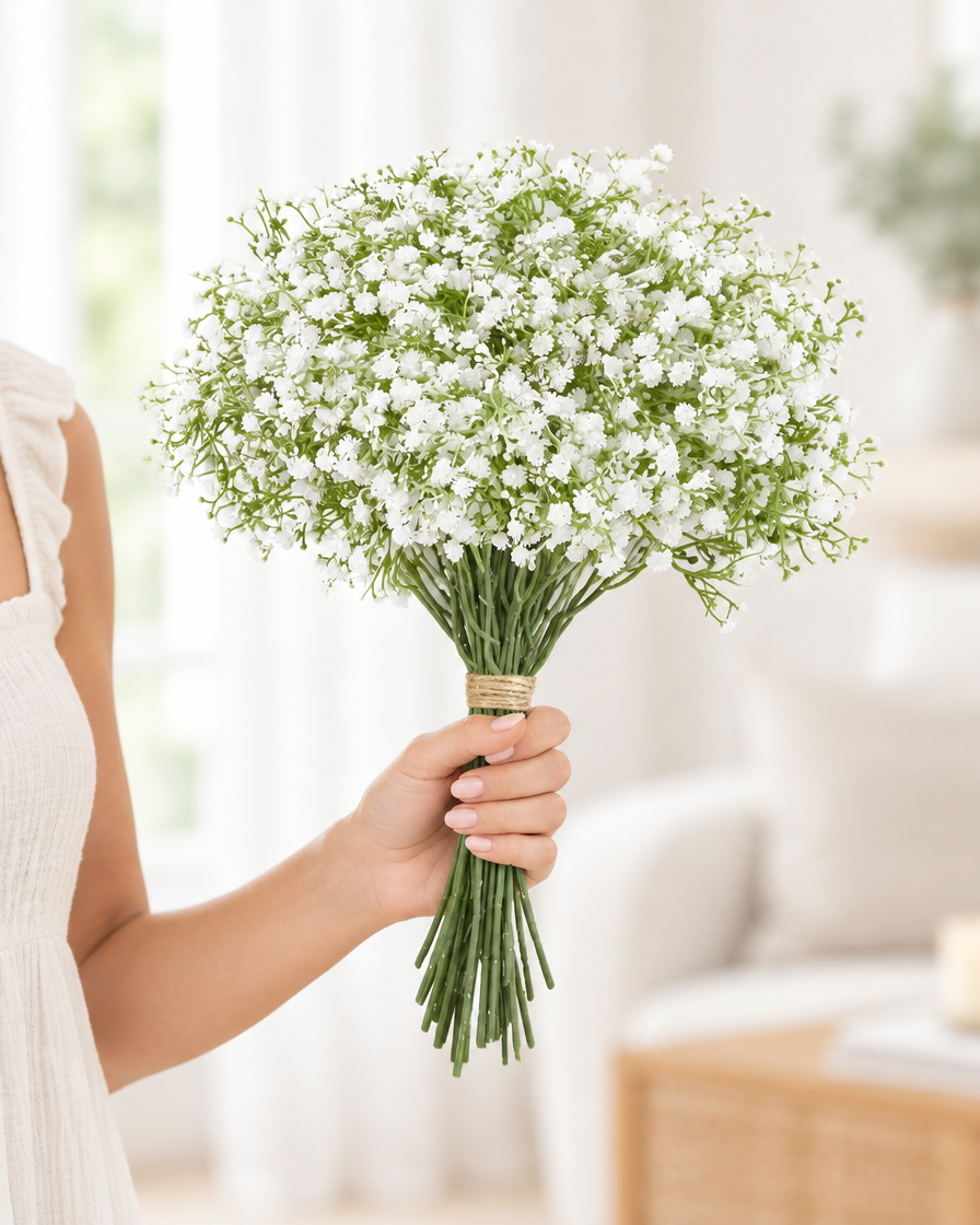 White Artificial Baby's Breath Bunch held in a hand
