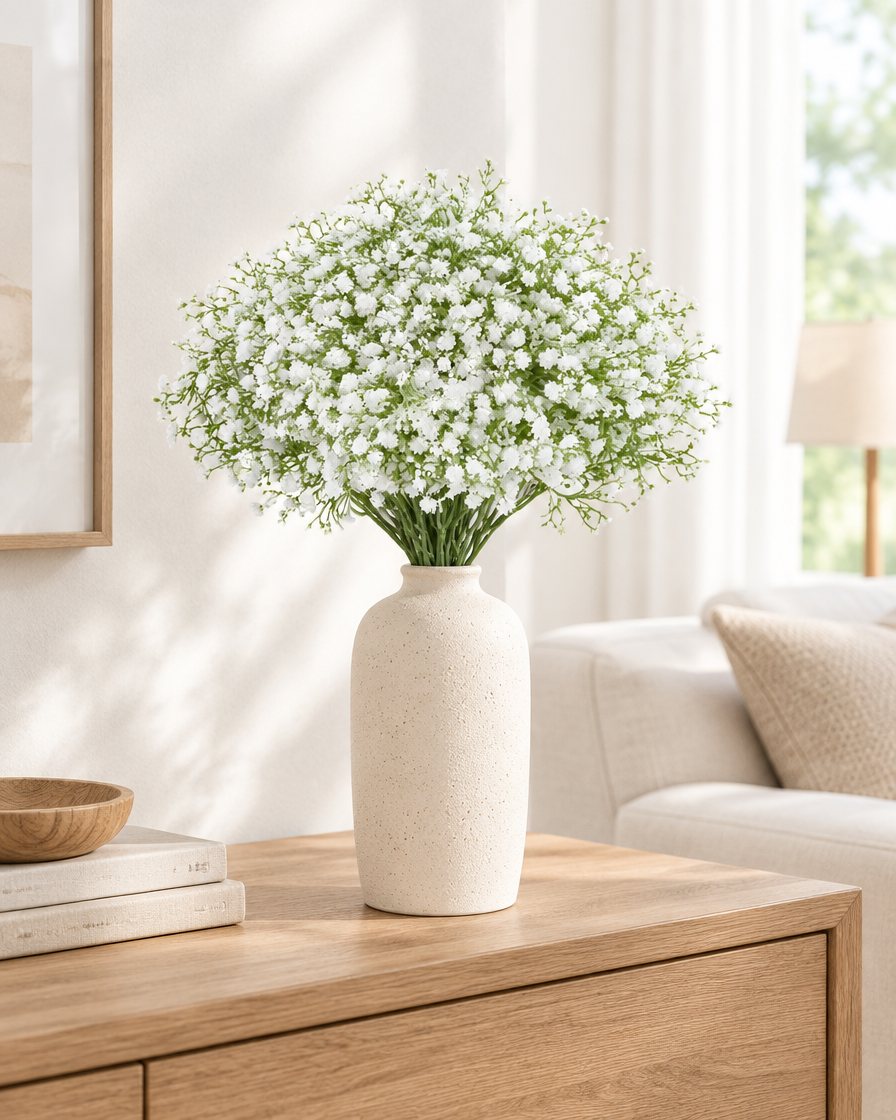 White Artificial Baby's Breath Bunch styled in a ceramic vase on a console table (vase sold separately)