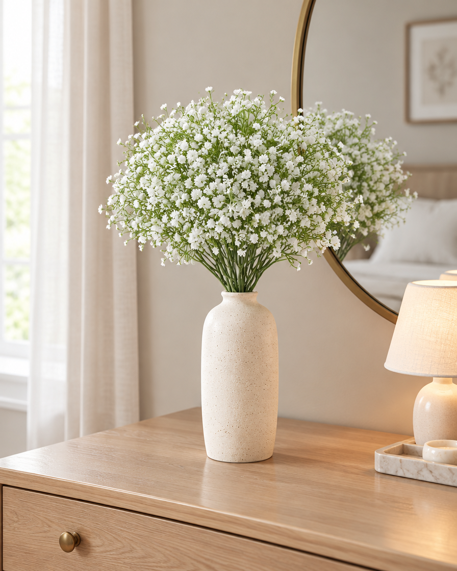 White Artificial Baby's Breath Bunch styled in a ceramic vase on a dresser (vase sold separately)