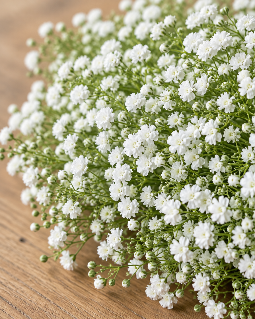 Close-up detail of the white artificial baby's breath bunch on an oak table