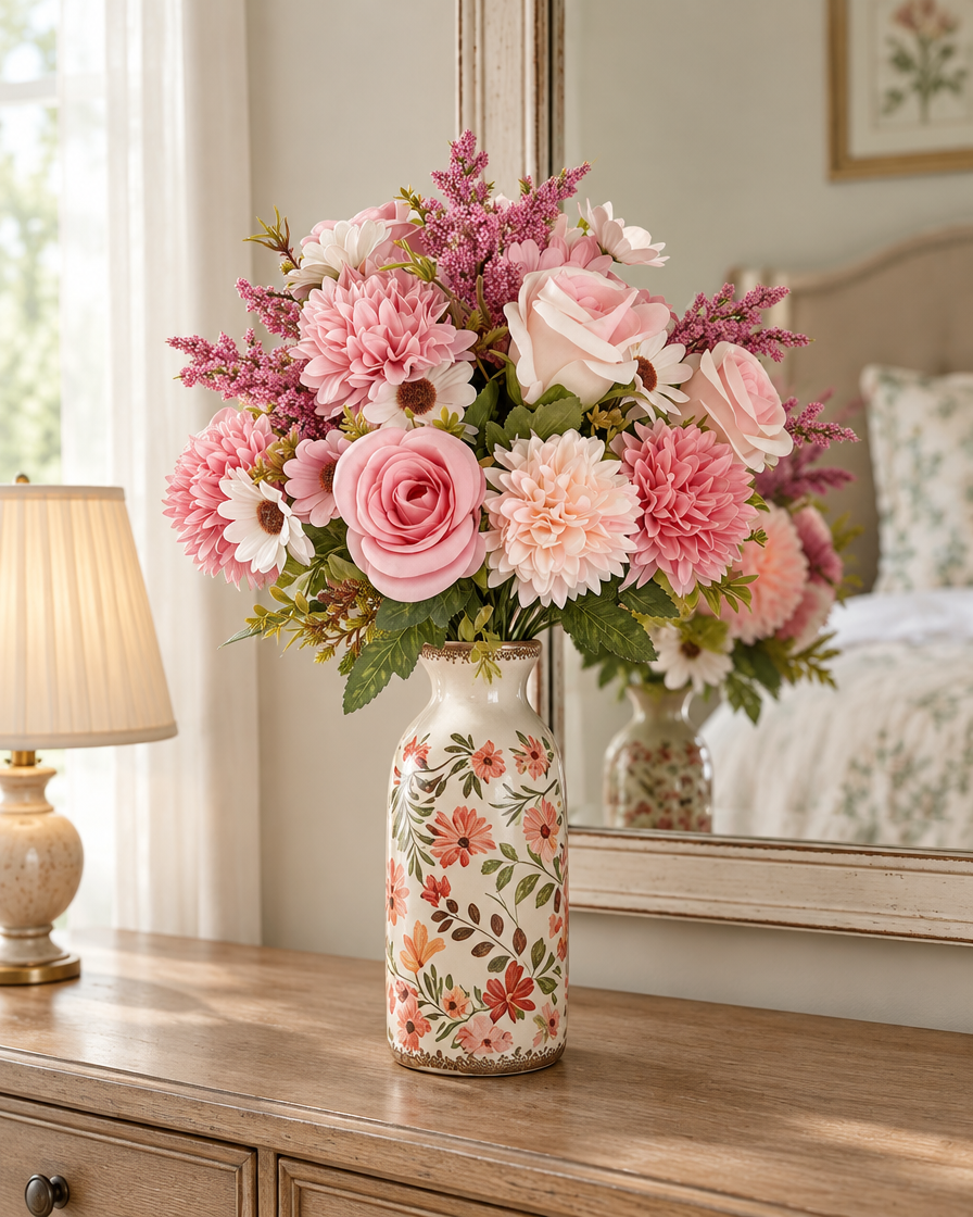 Pink Artificial Rose & Dahlia Mixed Bouquet styled in a ceramic vase on a dresser (vase sold separately)