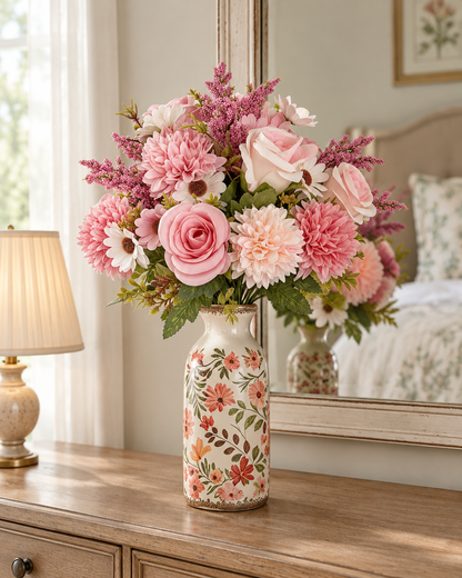 Pink Artificial Rose & Dahlia Mixed Bouquet styled in a ceramic vase on a dresser (vase sold separately)