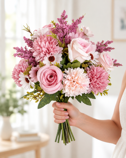 Pink Artificial Rose & Dahlia Mixed Bouquet held in a hand