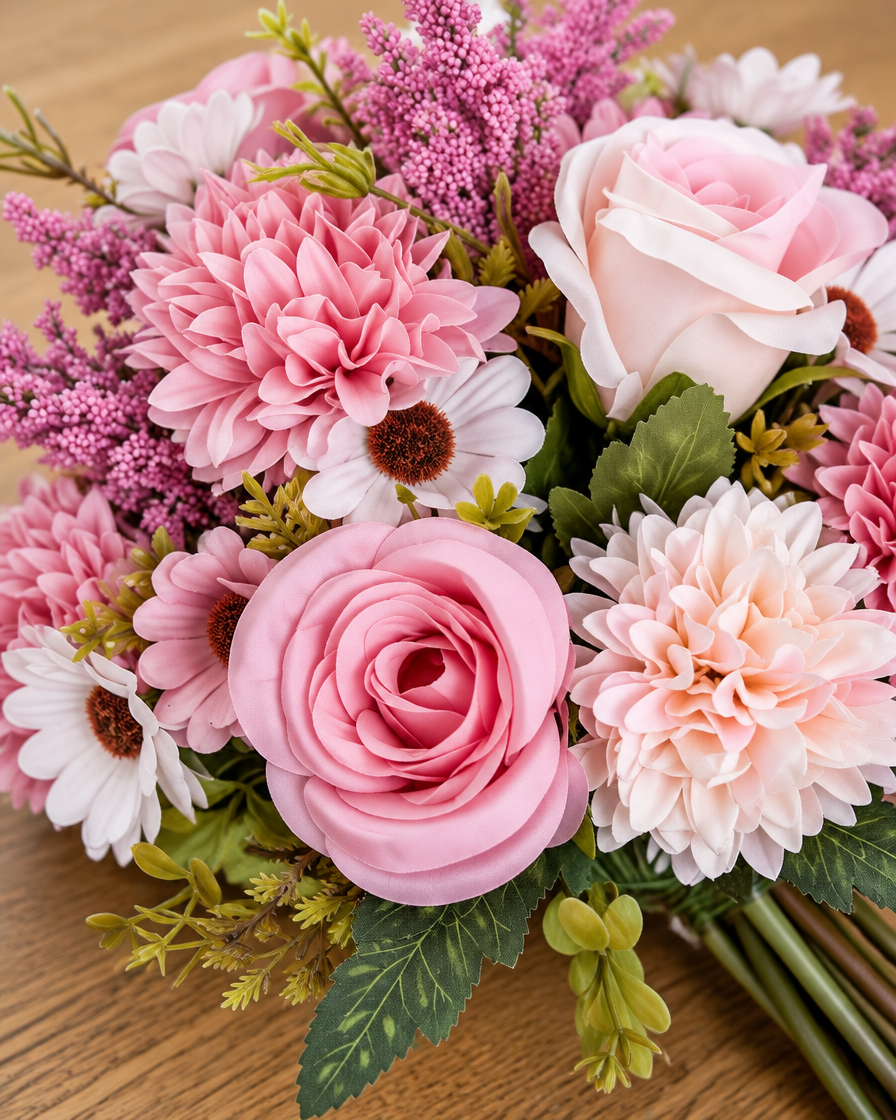 Close-up detail of the pink artificial rose & dahlia mixed bouquet on an oak table