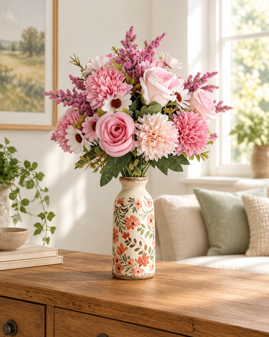 Pink Artificial Rose & Dahlia Mixed Bouquet styled in a ceramic vase on a console table (vase sold separately)