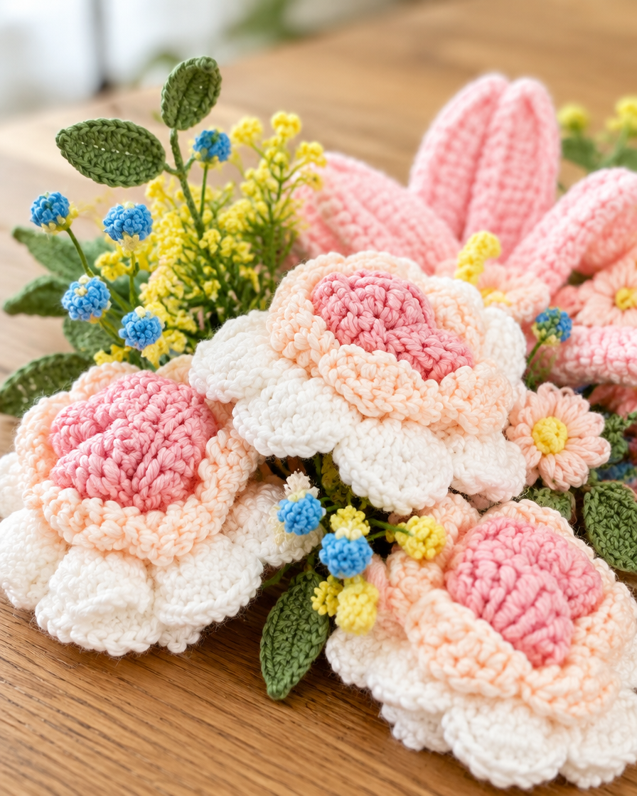 Close-up detail of the pink crochet flower bouquet on an oak table