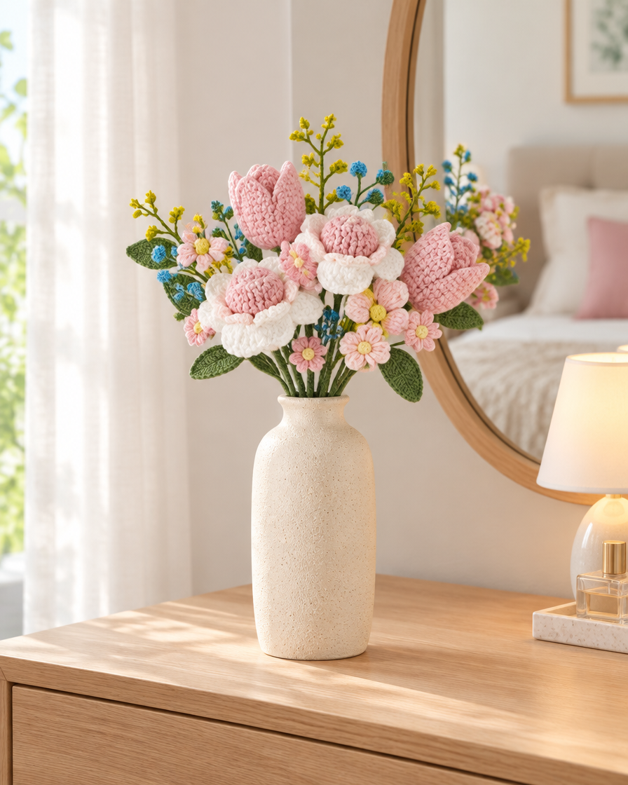Pink Crochet Flower Bouquet styled in a ceramic vase on a dresser (vase sold separately)
