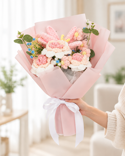 Pink Crochet Flower Bouquet held in a hand