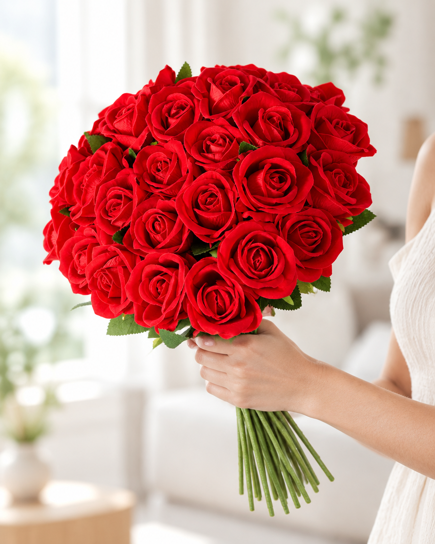 Red Artificial Rose Bouquet with Long Stems held in a hand
