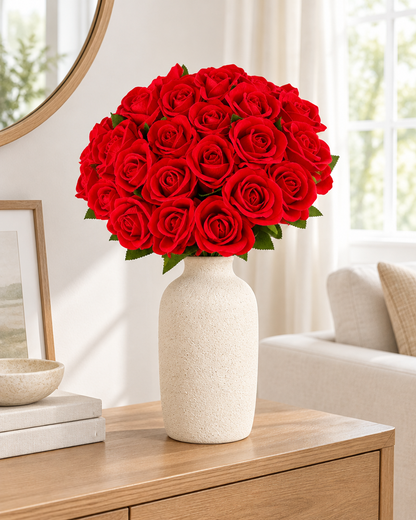 Red Artificial Rose Bouquet with Long Stems styled in a ceramic vase on a console table (vase sold separately)