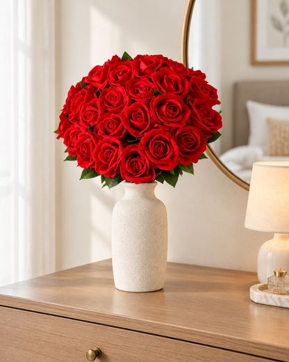 Red Artificial Rose Bouquet with Long Stems styled in a ceramic vase on a dresser (vase sold separately)