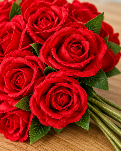 Close-up detail of the red artificial rose bouquet with long stems on an oak table
