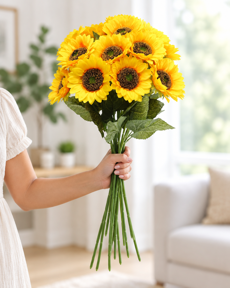 Yellow Artificial Sunflower Bunch with Long Stems held in a hand