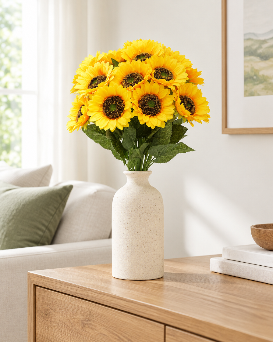 Yellow Artificial Sunflower Bunch with Long Stems styled in a ceramic vase on a console table (vase sold separately)