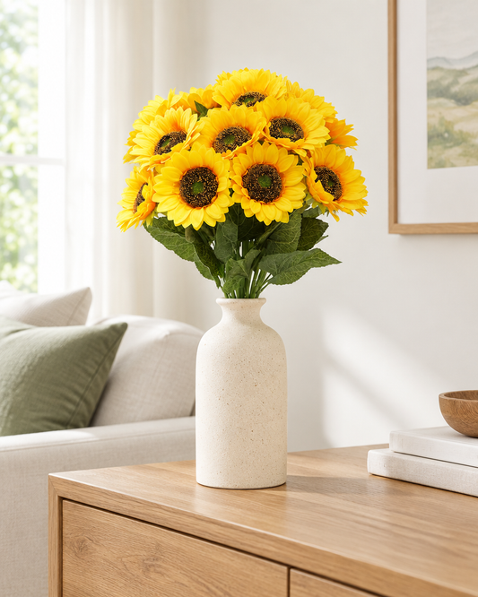 Yellow Artificial Sunflower Bunch with Long Stems styled in a ceramic vase on a console table (vase sold separately)