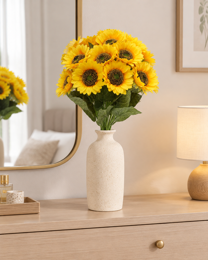 Yellow Artificial Sunflower Bunch with Long Stems styled in a ceramic vase on a dresser (vase sold separately)