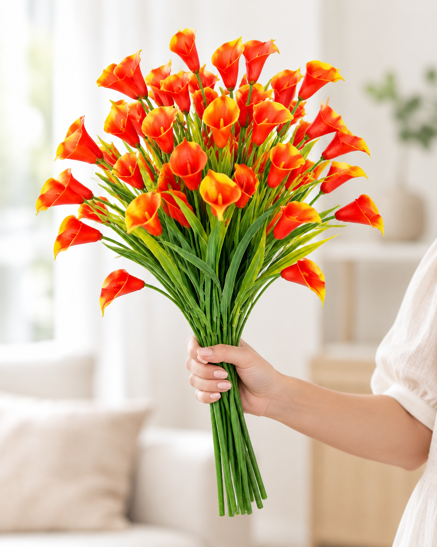 Orange Artificial Calla Lily Bunch held in a hand