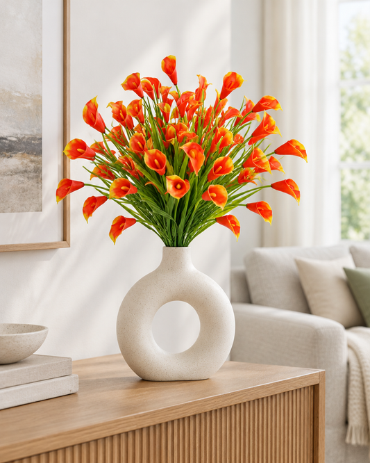 Orange Artificial Calla Lily Bunch styled in a ceramic vase on a console table (vase sold separately)