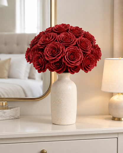 Red Glitter Artificial Rose Bouquet styled in a ceramic vase on a dresser (vase sold separately)