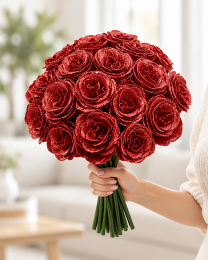 Red Glitter Artificial Rose Bouquet held in a hand