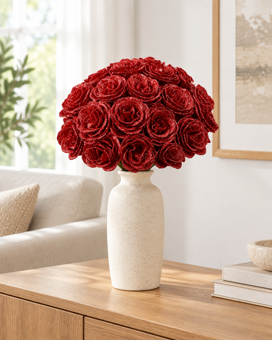 Red Glitter Artificial Rose Bouquet styled in a ceramic vase on a console table (vase sold separately)