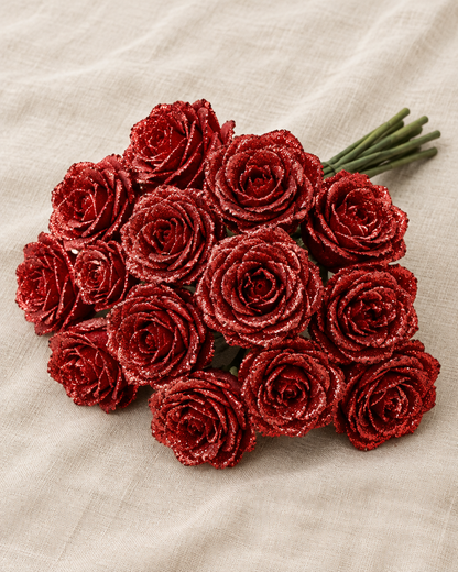 Red Glitter Artificial Rose Bouquet, shown alone on a linen background