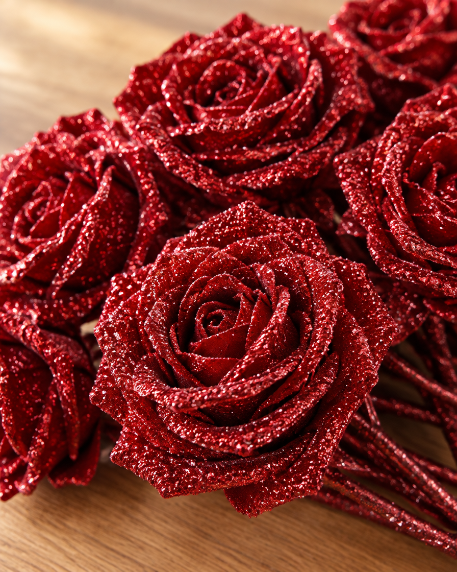 Close-up detail of the red glitter artificial rose bouquet on an oak table