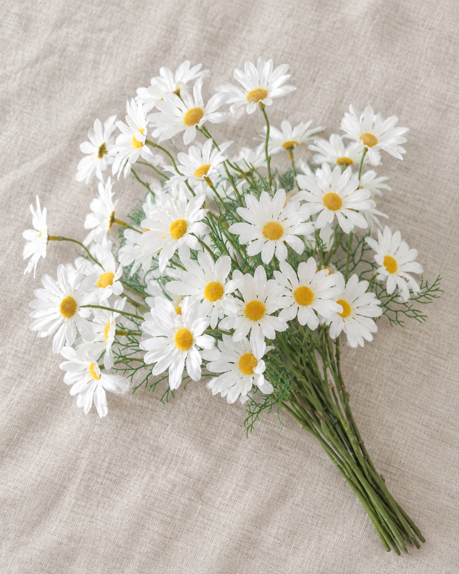 White Artificial Daisy Bunch, shown alone on a linen background