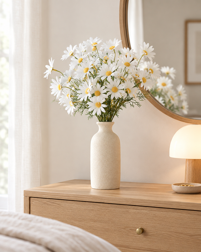 White Artificial Daisy Bunch styled in a ceramic vase on a dresser (vase sold separately)