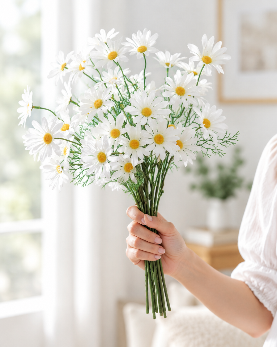 White Artificial Daisy Bunch held in a hand