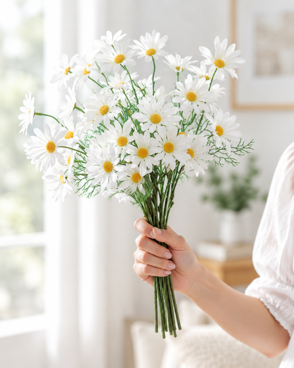 White Artificial Daisy Bunch held in a hand