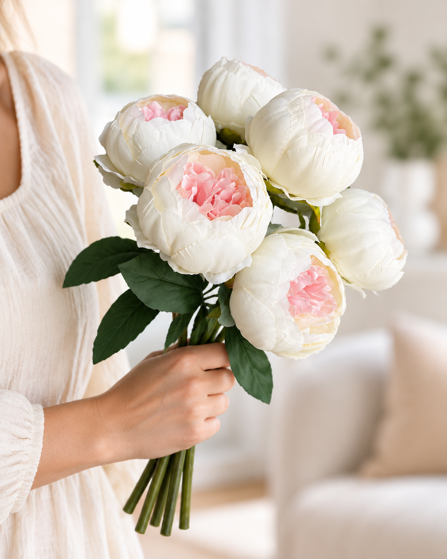 Cream Artificial Peony Bunch held in a hand