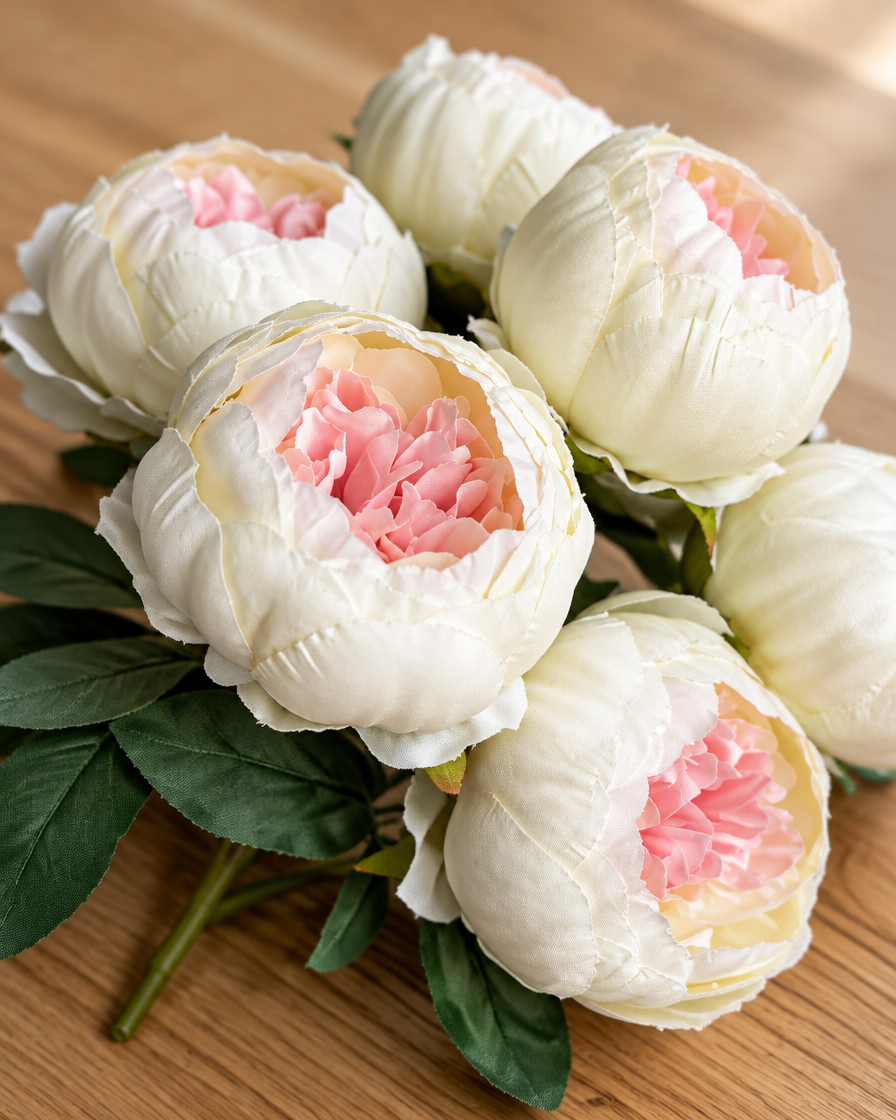 Close-up detail of the cream artificial peony bunch on an oak table